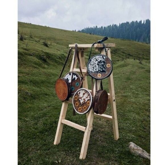 Myra Bag Handmade Lily Bloom Round Bag Upcycled Canvas & Cowhide Leather - Picture 8 of 8